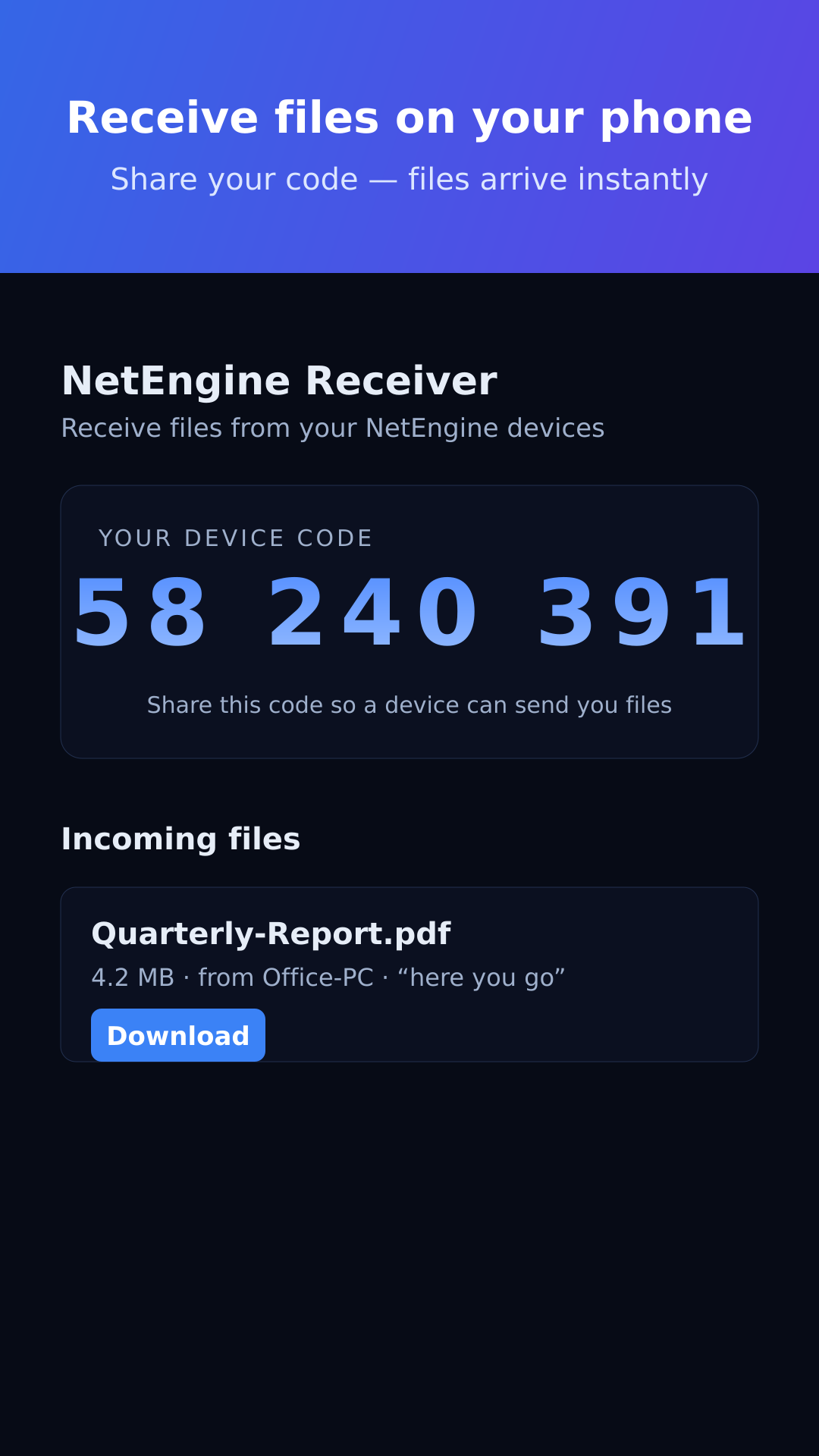 Receiver home with device code